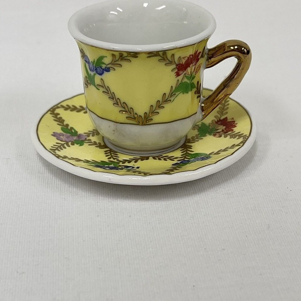 Vintage Miniature Teacup and Saucer with flower Decoration Yellow Gold Florals - Picture 3 of 4